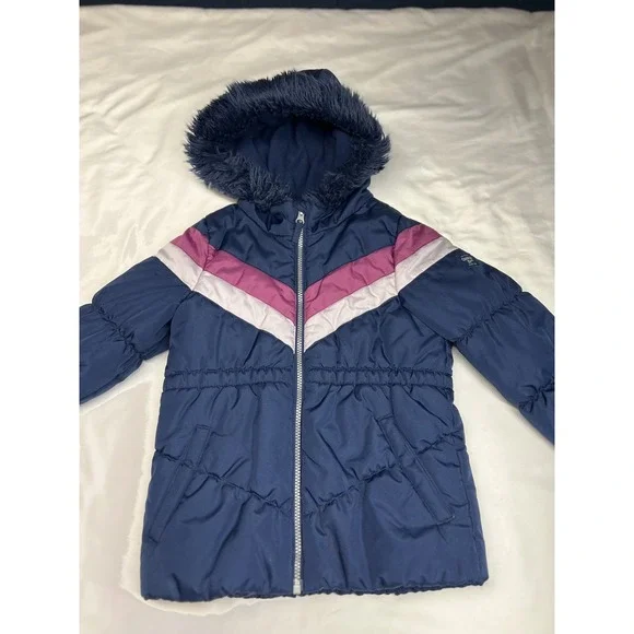 OshKosh B'gosh Winter Jacket Girls Coat Size 5/6 Cute!! Blue Pink Retro Stripes - Picture 1 of 13